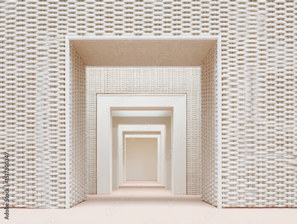 Poster minimalist architectural space with repeating geometric pattern and textured white woven walls, mode