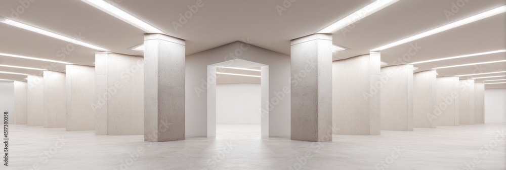 Poster minimalist modern interior with reinforced concrete columns and sleek lighting, showcasing structura