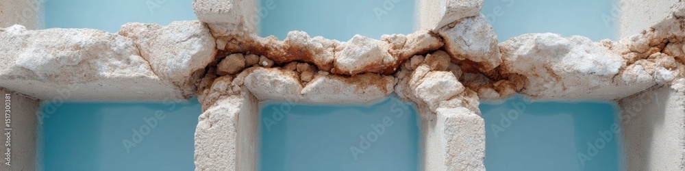 Poster deteriorating concrete bridge pillars with rusty exposed reinforcement bars showing structural damag