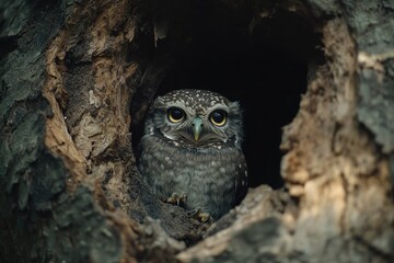 Little owl perched quietly in its natural habitat, observing surroundings in slow motion, Little owl in natural habitat Athene noctua Slow motion