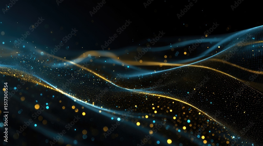Wall mural abstract waves of blue and gold particles flow across a dark background, creating a sense of depth a