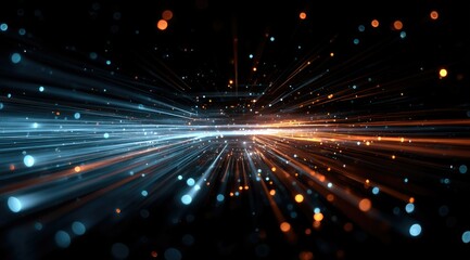 Obraz premium Abstract digital artwork depicting a vibrant, multicolored light streak radiating outwards from the center against a dark background, interspersed with glowing particles