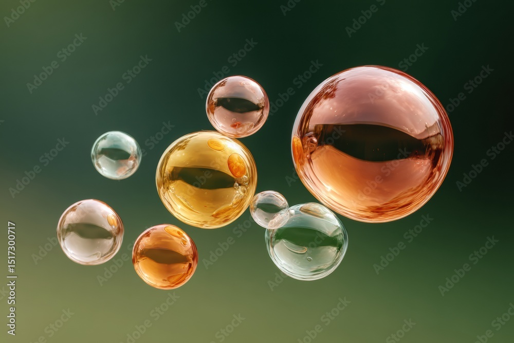 Poster Translucent Soap Bubbles Floating in Depth with Soft Blurred Background - Conceptual Economic Bubble Visualization for Modern Business Insight and Market Fragility