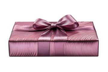 A rectangular pink gift box with a shiny appearance and a purple ribbon tied in a bow on top, placed against a white background.