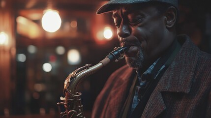 A man plays saxophone in a dimly lit jazz club.