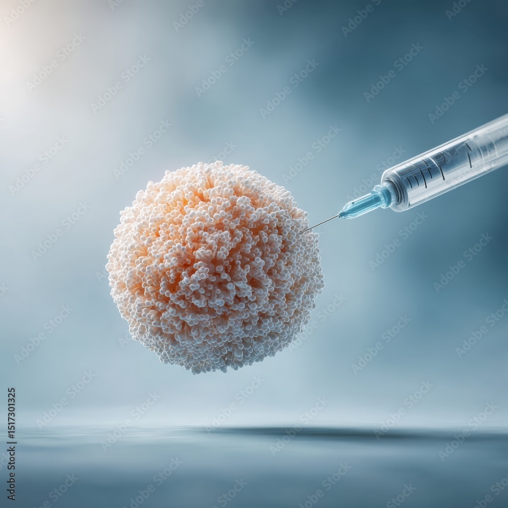 Poster Microscopic Cancer Cell Targeted by Syringe Injection in Laboratory Setting Symbolizing CAR T-Cell Therapy and Personalized Cancer Treatment Innovation