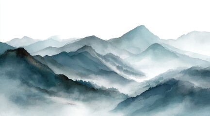 Misty, teal-hued mountain range depicted in a painterly style, with layers of peaks and valleys shrouded in fog, creating a serene and ethereal atmosphere