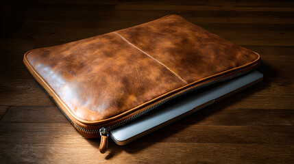 Vintage Brown Leather Laptop Sleeve Case on Wooden Surface