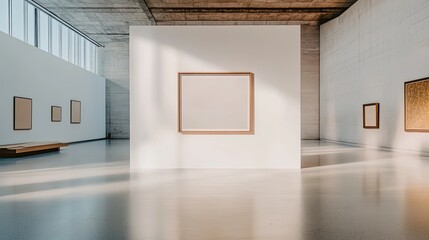 Sunlit gallery showcasing minimalist artwork on a polished floor