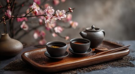Dark ceramic teacups & teapot on a wooden tray, accompanied by delicate pink blossoms and a wooden spoon, arranged on a textured surface