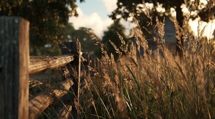 Rustic wooden fence alongside tall, golden grasses at sunset, with a blurred farmhouse in the background