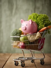 Budget-Friendly Grocery Shopping with Piggy Bank in Cart of Fresh Produce Symbolizing Smart Money Management and Household Savings Planning