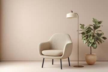 Minimalist beige room features a plush armchair, a floor lamp with a cream shade, and a fiddle-leaf fig in a terracotta pot against a muted pink wall