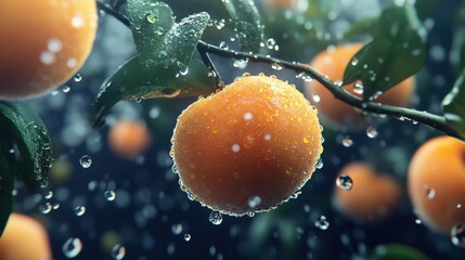 Fresh citrus fruit cluster in a vibrant orchard scene.