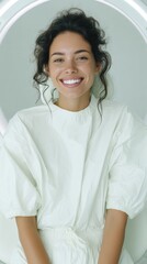 Minimalist Wellness Portrait Gen Z Latina Model Radiating Confidence in Soft White Studio Aesthetic - Empowering Contemporary Lifestyle Imagery