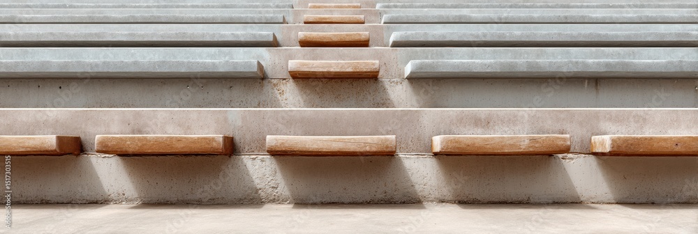 Poster Minimalist Architectural Perspectives Empty Stadium Seating Design Showcasing Geometric Symmetry, Urban Infrastructure, and Anticipatory Event Spaces