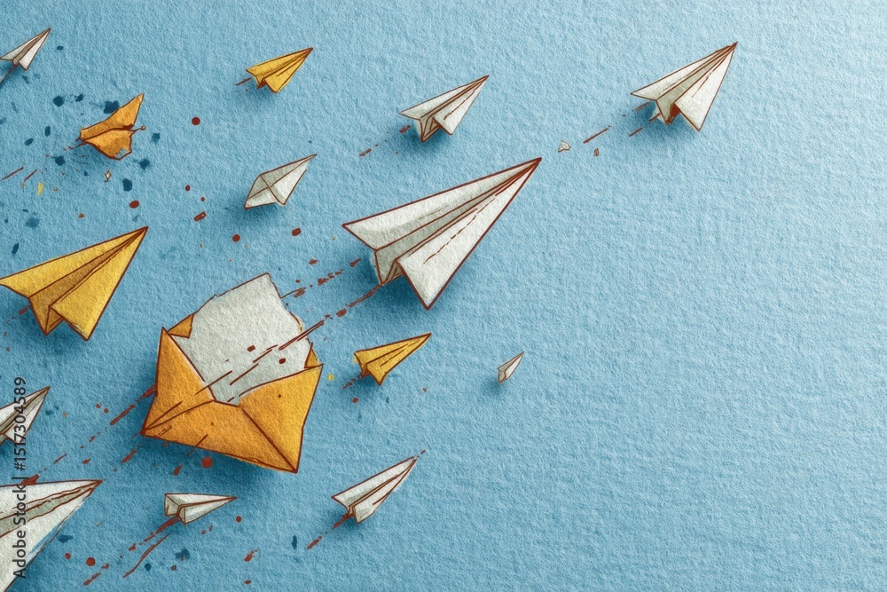 Poster illustration showing email bounce back with paper planes crashing into an envelope against a soft bl