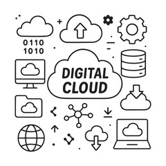 Digital Cloud Computing Line Art Illustration