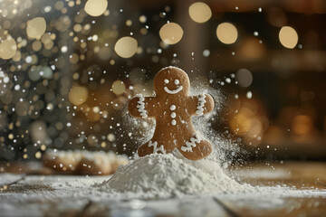 Christmas gingerbread cookies a man walks across the table where white flour is poured blurred background of bokeh 