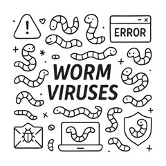 Illustration of Worm Viruses and Cybersecurity Icons