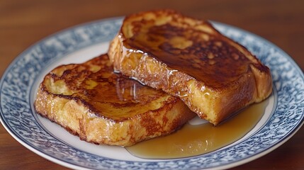 Golden brown french toast slices drizzled with syrup on a plate.