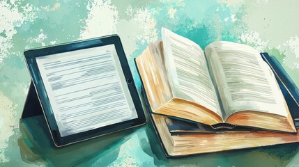 Digital Tablet and Traditional Open Book on Desk in Bright Setting for Reading Study or Learning Environment