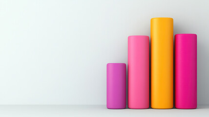 Colorful cylindrical objects arranged increasing height vibrant pink purple yellow and magenta plain white background minimalistic and modern design abstract art creative display smooth surface