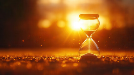 Image features classic hourglass with sand flowing through it, set against warm sunset background that creates long shadow and glowing, golden atmosphere