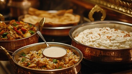A delectable spread of Indian cuisine, featuring fragrant rice dishes, flavorful vegetable curry, and warm flatbreads, served in ornate copper bowls
