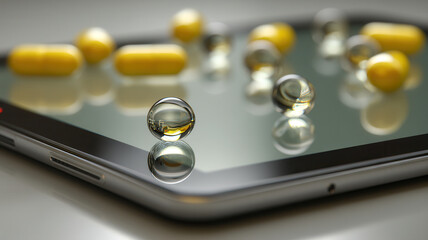 Closeup of modern smartphone with scattered yellow and white capsules on screen, creating contrast between technology and medicine, evoking themes of health and digital health management