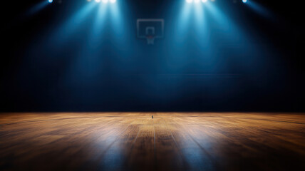 Dimly lit indoor basketball court with wooden floor and basketball hoop background, illuminated by blue and white spotlights creating dramatic atmosphere, perfect for sports or event photography