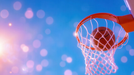 Closeup of basketball entering hoop during game, with bright blue sky and sunlight in background, creating vibrant and energetic scene