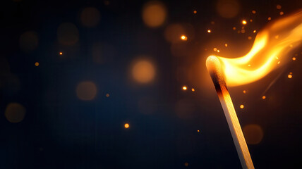 Closeup of burning matchstick with bright flame and glowing sparks, dark background creating dramatic and intense atmosphere, highlighting fire ignition and heat
