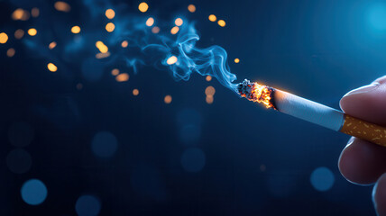 Close up of hand holding lit cigarette with burning tip and smoke rising, against dark background with bokeh light effects, capturing moment of ignition and smoke dispersal