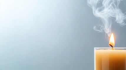 Closeup of burning candle with smoke rising soft background warm glow flickering flame wax illumination light relaxation ambiance serenity calm peaceful cozy indoor home decor flame wick heat glow