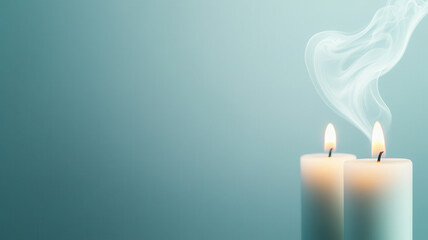 Minimal closeup of two white candles with smoke rising soft background calming atmosphere peaceful scene warm glow gentle light relaxing mood indoor setting decorative candles ambient lighting