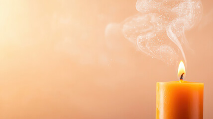 Closeup of burning candle with smoke rising warm background soft lighting peaceful atmosphere flickering flame melted wax calming scene ambient light cozy setting gentle glow relaxing mood