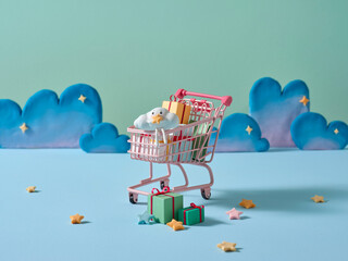 Pastel shopping scene with colorful gifts and shopping trolley