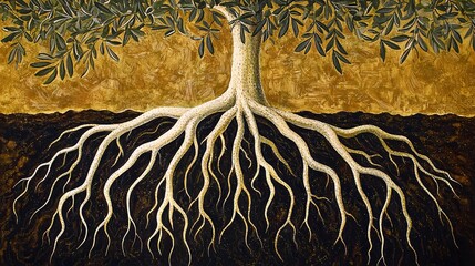 detailed illustration of an olive tree’s root system spreading deep into the earth, symbolizing stability, nourishment, and hidden strength. olive tree roots, root system, deep earth, stability, 