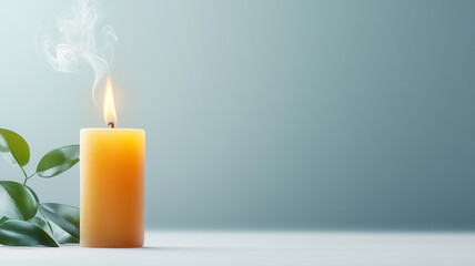 Lit candle with smoke rising from flame, placed next to green leaves on white surface against soft blue background, creating calm and peaceful atmosphere