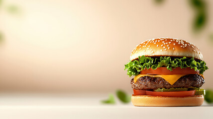 Closeup of classic beef burger with fresh vegetables and melted cheese, showcasing juicy patty and sesame seed bun, evoking delicious and satisfying meal experience