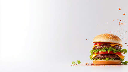 Close up of stacked beef burger with fresh vegetables and cheese on white background, with some spice or seasoning particles flying around, creating dynamic and appetizing scene