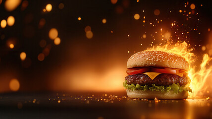 Juicy beef burger with lettuce, tomato, cheese, and sesame seed bun is set against fiery background with sparks and flames, creating dramatic and intense visual effect