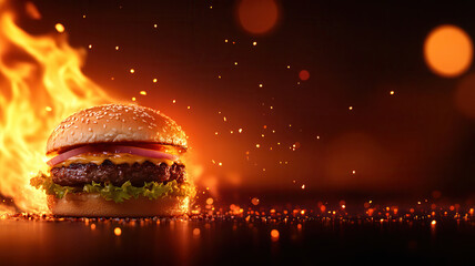 Closeup of juicy beef burger with lettuce, tomato, cheese, and onion in sesame bun, set against fiery background with flames and glowing sparks, evoking heat and intensity