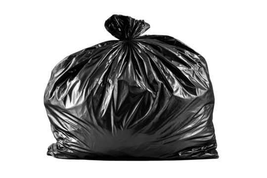 Full black plastic garbage bag isolated on transparent background in studio shot