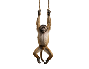 gibbon monkey swinging from rope isolated on transparent background