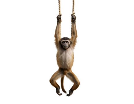 gibbon monkey swinging from rope isolated on transparent background