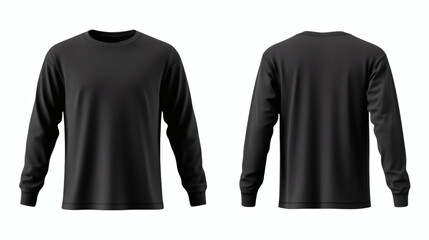 Plain black long sleeve casual t-shirt 3D mockup with a rubbed hand, showcasing front and back views for apparel design on white background.