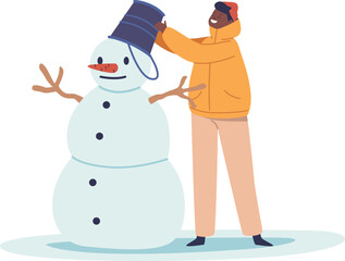 Cute boy child making snowman