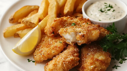 Crispy Fish Fingers with French Fries, Tartar Sauce, and Lemon Wedge